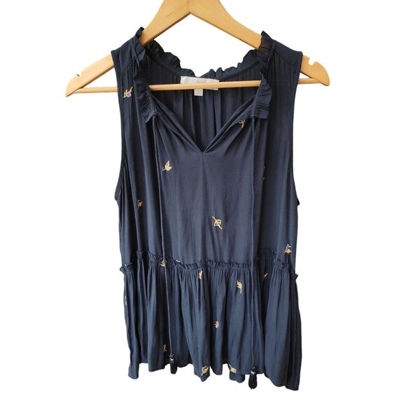Ann Taylor LOFT Embroidered Sleeveless Top M Navy Blue Ruffle Neck - Picture 1 of 3